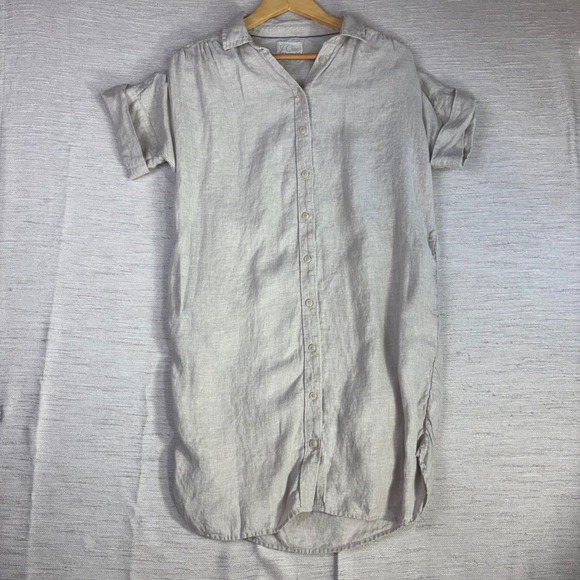 J. Crew Dresses & Skirts - J.Crew Relaxed Linen Shirt Dress Oatmeal Beige Short Sleeve Pockets XS